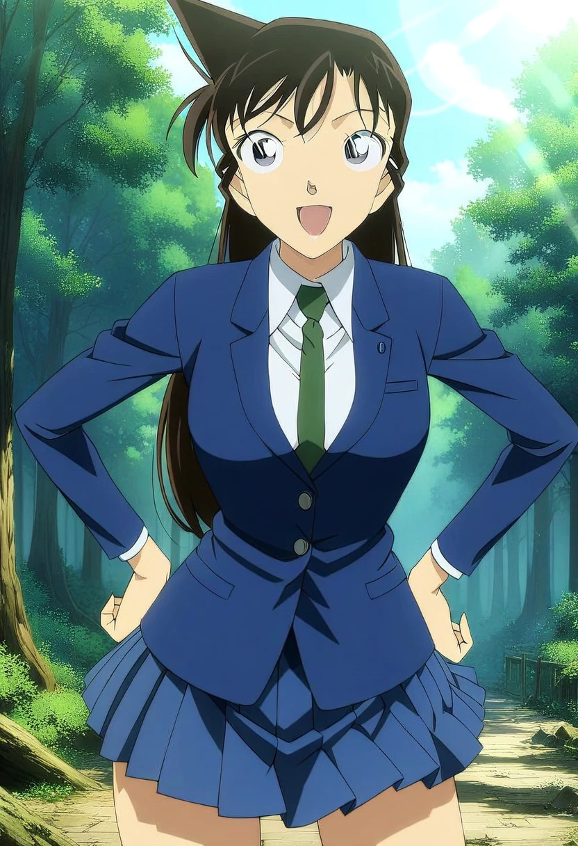 masterpiece, best quality, very aesthetic, ultra detailed, intricate details, 4k, anime style,
mouriranai, 1girl, solo, smile, brown hair, blue eyes, long hair, breasts, large breasts, lens flare, medium breasts,
skirt, shirt, long sleeves, school uniform, jacket, white shirt, pleated skirt, necktie, collared shirt, miniskirt, blue skirt, blazer, blue jacket, green necktie, mouri ran, 
clothes lift, underwear, panties, lifted by self, skirt, skirt lift, shirt, pleated skirt, white panties,
cowboy shot, looking at viewer, forest, outdoors, tree, sunlight, cloudy, <lora:Mouri_XL:1>