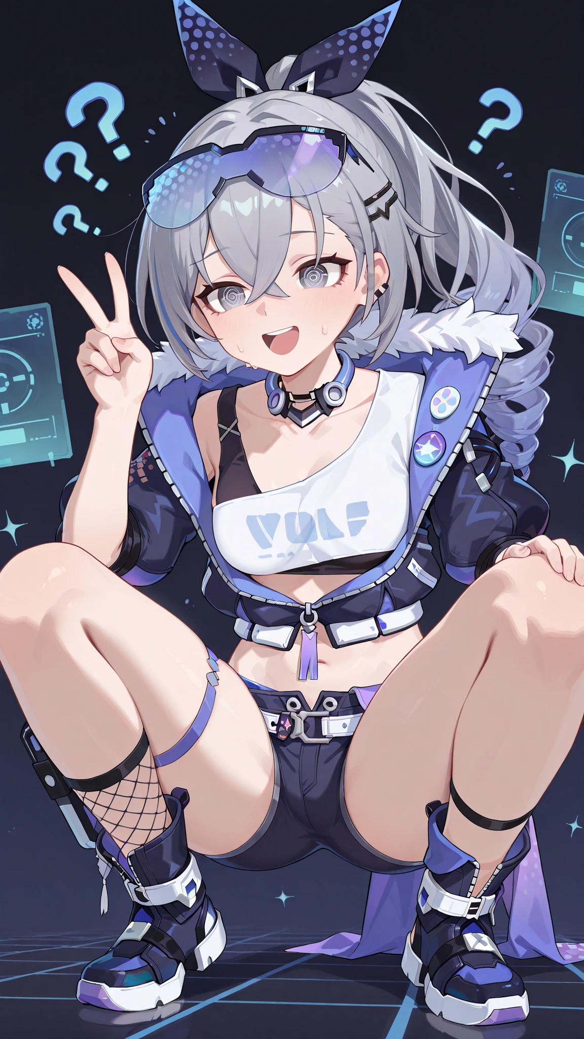 ((masterpiece)),((best quality)),(ultra-detailed),(an extremely delicate and beautiful),detailed backgroud, ((((1woman,tall stature)))and(((1shota boy,short stature)))),((((hetero)))),(height difference),(((wrestling ring))), (1woman),((((silver wolf/(Honkai:star rail/)))),(curvy:1.4),(huge breasts), pale skin,shiny skin, long hair,ponytail ,drill hair,hair between eyes, eyewear on head, navel, midriff,((She wears jacket, black jacket, sunglasses, gloves, black gloves, fingerless gloves, shorts,black shorts, shirt, white shirt, choker, crop top, fur trim)),(rolling eyes:1.4),(ahegao),(trembling),clothing aside, reverse suspended congress,face-to-face,((soul kiss)),tongue out,saliva trail,orgasm,pussy, sex, sex from behind, ((((female ejaculation)))),spoken heart,(cum in pussy:1.4),cum on clothes,cum on breasts,cum in mouth,cum on hair,(excessive cum:1.4), ((((1shota boy)))),(petite),penis,dark-skinned shota boy,interracial,