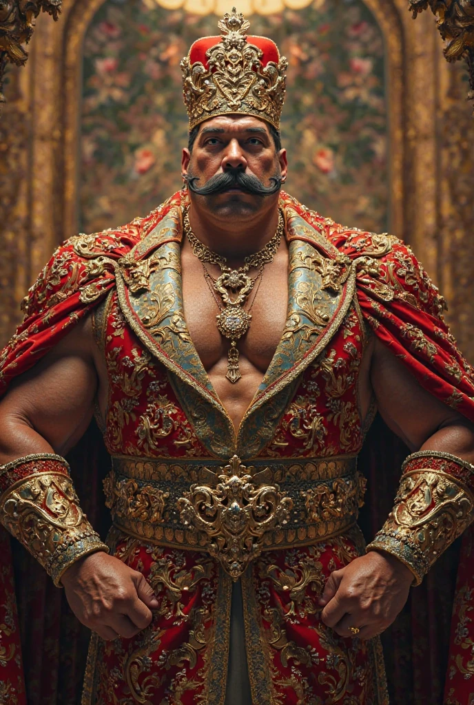 Hyperrealistic image of an elderly 19th century French Steampunk circus magician superhero with a naked torso, combed gray hair and huge handlebar mustaches A super heavy bodybuilder flexing his muscles A full body obese bodybuilder with a very sweaty body An extremely muscular and extremely fat man over 70 years old weighing over 600 pounds a very hairy muscular man with very large legs and sagging pectorals large, dark nipples and gynecomastia on the floor of a steampunk circus with red velvet curtains and golden fringes dressed in red velvet slipper pants and a large turban with many jewels on the head