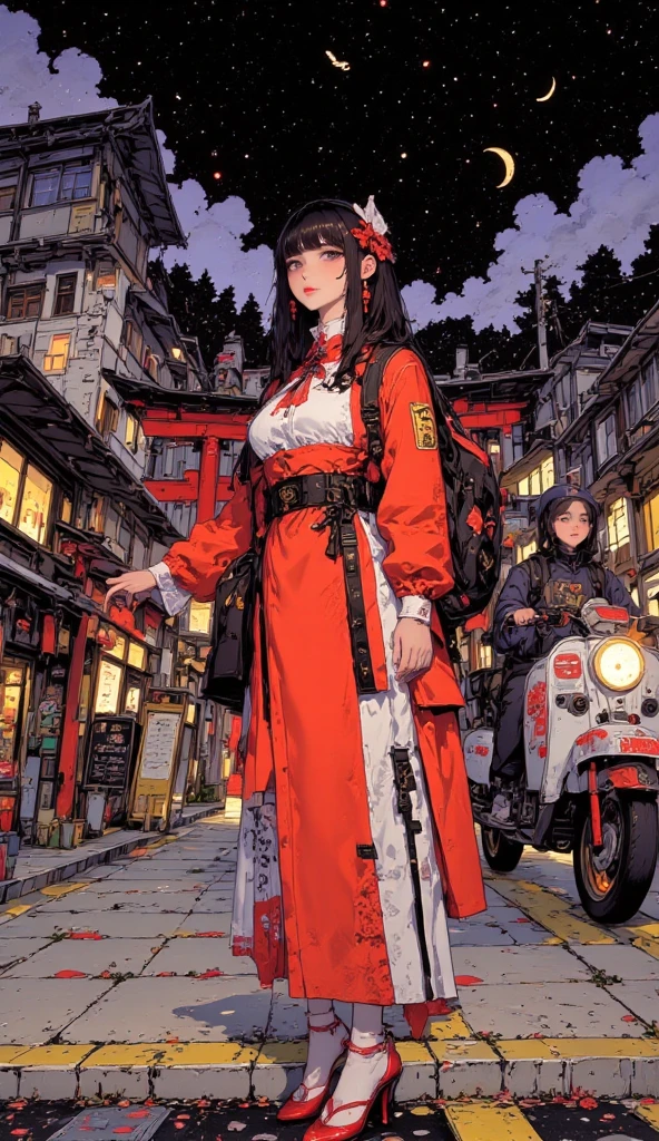  nsfw, A girl wearing a vermilion and white micro bikini is on a street corner in a Japanese suburb,,sexy woman,nsfw, completely nude, nipples through,(((highlight cleavage))),sleeveless, are slightly open on the chest,The chest is wrapped in a cloth,Age: 19,There is a glittering mountain in the back and the torii gate is illuminated,Girl looking diagonally to the side,Uber Eats（Uber Eats) Expressing a Backpack   ,  Depicting a Motorcycle Delivery Man   ,   the light on the bike bed is clearly visible on the night of the crescent moon,, she is facing sideways ,Fantasy pop art of a dreaming girl  ,  VERY BIG BACKPACK, Little character pop art , Move at night ,ハイパー  details イラスト , 病気にかかったような可愛い detailsな彩色画 , エクストラファインインクの details  ,  luxury fabric sitting on a gothic throne   ,   details ,    full color illustration   , wonderful painting atmosphere ,たくさんの details,  超 detailsな色彩アート , かわいい detailsなアートワーク  ,   anime style,  anatomically accurate , Japanese cityscape from the 2000s, clothes are transparent,body line enhancement,The length of the kimono is knee-length,((トップスはsleeveless)),absolute region with to,A seductive smile,short bob、spreads her legs,Mr.々posing,temptation,absolute region with to,(Overflowing Breasts),clothes are see-through,Resplendent urban buildings,Flying Ghost,skin exposure,Mr.々What kind of system,Mr.々expressions,Adding movement,Captivating,Inspiring Outfits,大胆posing,Mr.々 hairstyle,pussy line,cameltoe,skindantation,facing the front,
