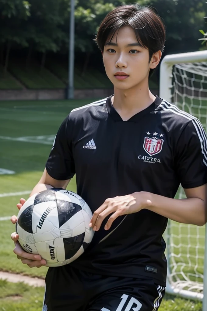 masterpiece,best quality,Bottom-up lens,Stay away from the camera, (An 18-year-old tall boy:1.2), (Kneeling upright on the campus lawn:1.2),Place your hands on your sides,(Football Jersey),Broad shoulders,Muscular shoulders,(Extremely strong body),Muscular body,Fitness,Perfect body proportions,Inverted triangle figure,Biceps,Highlight muscle texture, Muscular body,Small head,Handsome and cute face,V-Shaped Face,Perfectly detailed facial features,Looking at the camera,Innocent expression,leaning back,head tilt, happy, very short hair, brown hair,(looking at viewer:1.2),Vision