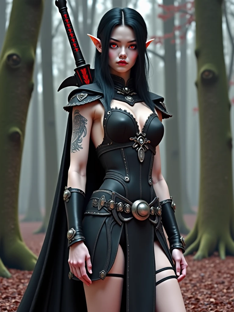 Perfect waist cut, Large breasts, Warrior girl with a small short sword on hand, Skimpy organza clothes ,dark blue hair with red highlights, (perfect nose), Seductive gaze, dark blue boots on high heels with red highlights, (Best Illustration), 8k Resolution, Intricate Details, Best Quality, Realistic, Ultra Detailed, Best Lighting, Best Shadows, Ultra HD, A Necromancer style, Night, Magic, Dark Style, Vampire, (shining red eyes:1.6), masterpiece, high_res, Beautiful face, tyndall effect, photo realistic, (high detailed skin:1.2), 8k uhd, dslr, high quality, Photograph, high resolution, 4k, 8k, Bokeh, absurdres, ponytail contorted, best ratio four finger and one thumb, front view, dark blue hair gorgeous, perfect proportional skinny fitness body, full body view, wet skin, wet clothes, dark cathedral baground scenery, huge bobs, belly muscle, long fit perfect legs, fishnet dark red Stockings