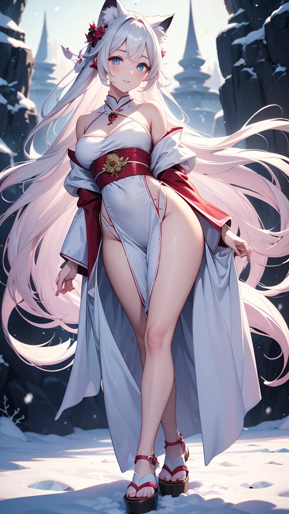 Best image quality, MasterPiece, ultra-high resolution, (accuracy: 1.4), Very beautiful girl, long straight hair, white hair with bangs, dressed in an unbuttoned kimono, naked big breasts, sitting in the lotus position, hands pointing to the sides, reciting mantras, against the background of the night starry sky there is a big fluffy hare, a red moon. detailed eyes and face, naked body,, nfsw Beautiful detailed eyes, halo around the head, dull, dark, membranous, 1.5), (erotic clothing: 1.4), bare shoulders.
