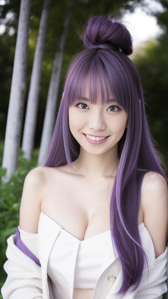 (highest quality, High resolution, masterpiece:1.2), Super detailed, realistic:1.37, (perfect anatomy),1 girl,(Close-up),japanese model,22 year old female model,super cute face,(Transform into a cute magical girl:1.3).bangs、Purple hair、beaver、short hair,curly hair,slim and beautiful body、beautiful breasts、(Purple color contacts:1.2),(laughter:1.1),sexy pose ,(Tight futuristic lilac magical girl dress:1.3) , magic necklace,