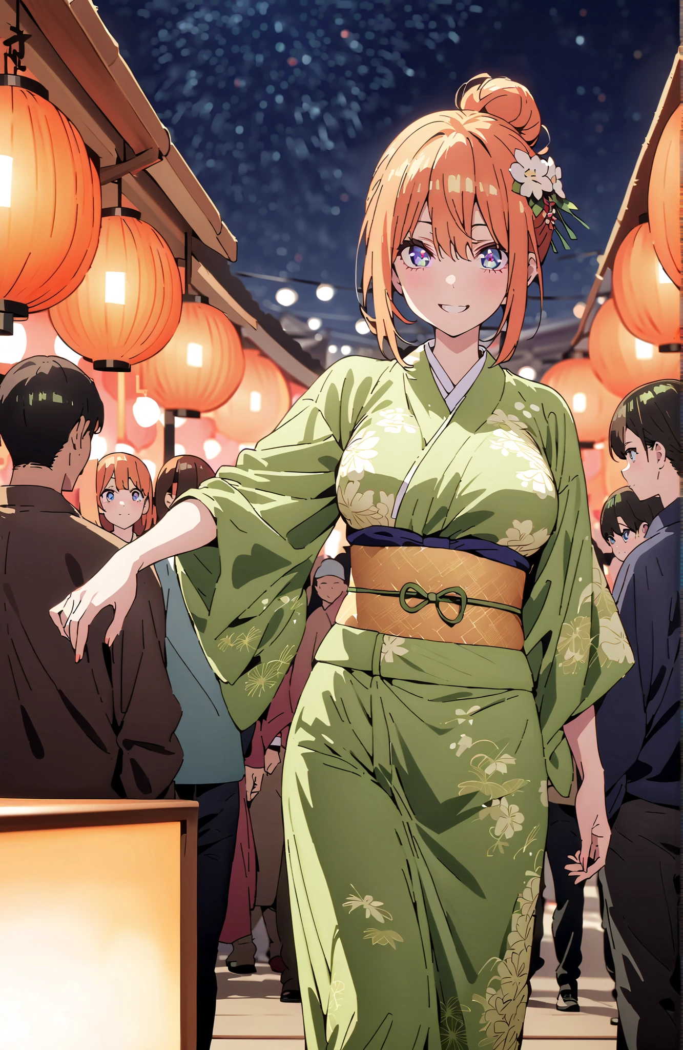 score_9, score_8_up, score_7_up, source_anime,中野四葉, bungs, solo,blue eyes, o, orange hair that gets down to the knee, Eyebrows hidden by hair, Side Lock,single bun hair,flower hair ornament,Nape,Big Breasts,Green floral kimono,Light up fireworks,turns around,smile,cover,grinning,standing,Japanese festival stall night,Red Lantern,crowd,full bodyがイラストに入るように,break outdoors, Japanese Festival,
break looking at viewer,full body,
break (masterpiece:1.2), BEST QUALITY, high resolution, Unity 8Kの壁紙, ( illustration :0.8), (beautiful detailed eyes:1.6), very detailed face, PERFECT LIGHTING, highly detailed CG, (perfect hand, Perfect Anatomy),