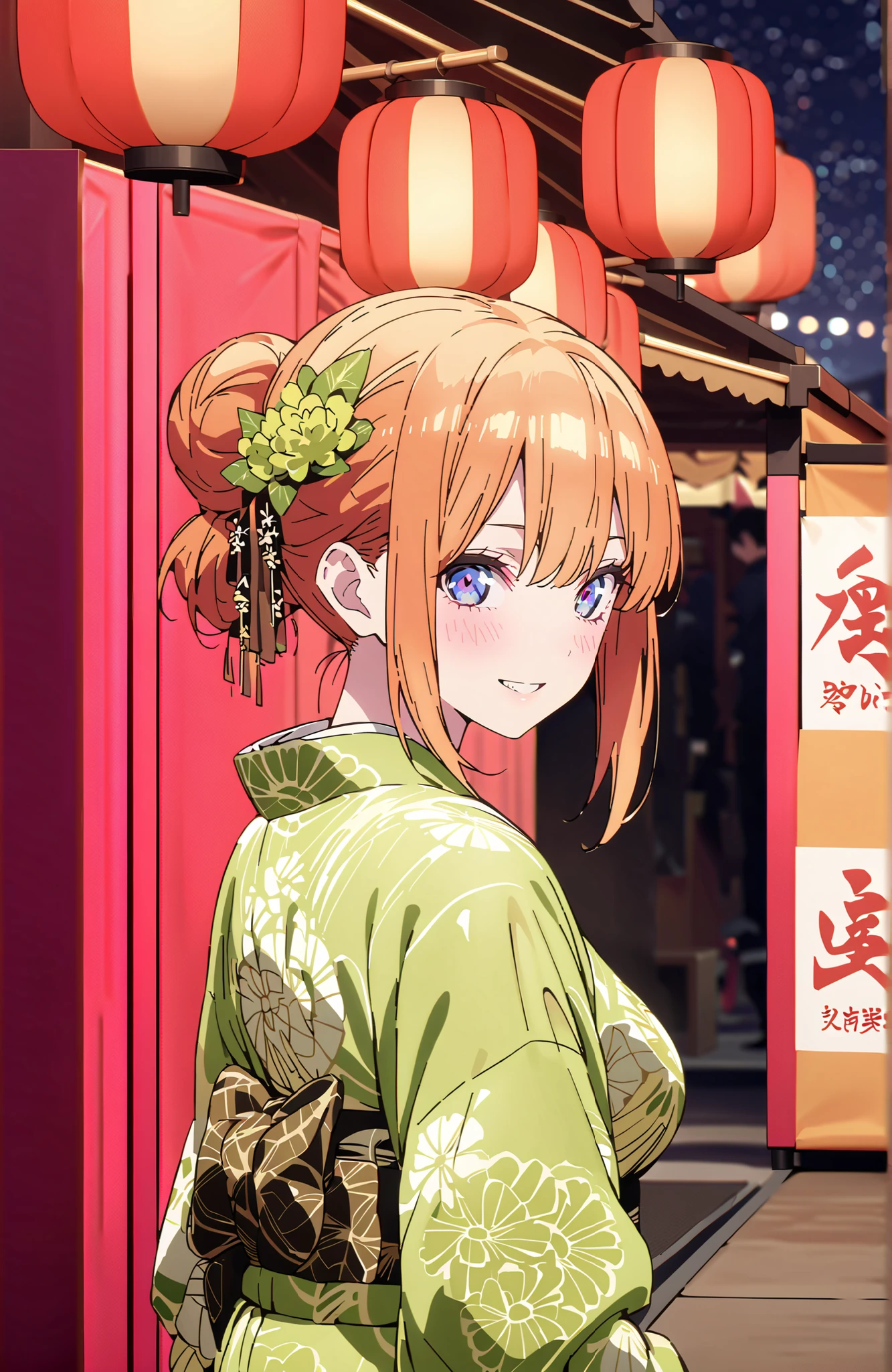 score_9, score_8_up, score_7_up, source_anime,中野四葉, bungs, solo,blue eyes, o, orange hair that gets down to the knee, Eyebrows hidden by hair, Side Lock,single bun hair,flower hair ornament,Nape,Big Breasts,Green floral kimono,Light up fireworks,turns around,smile,cover,grinning,standing,Japanese festival stall night,Red Lantern,crowd,full bodyがイラストに入るように,break outdoors, Japanese Festival,
break looking at viewer,full body,
break (masterpiece:1.2), BEST QUALITY, high resolution, Unity 8Kの壁紙, ( illustration :0.8), (beautiful detailed eyes:1.6), very detailed face, PERFECT LIGHTING, highly detailed CG, (perfect hand, Perfect Anatomy),