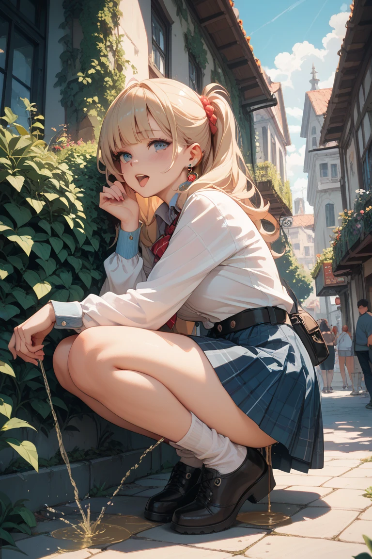 A girl sitting in short skirt in squat pose and her pantie is fully visible 