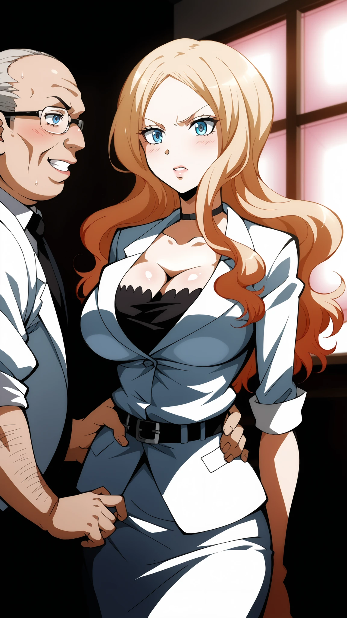 score_9, score_8_up , score_7_up , score_6_up , score_5_up , score_4_up , source_anime, Masterpiece, top quality, 8k, Aairina , lon g hair, parted bangs, blue eyes, breasts, choker, cleavage, suit, black shirt, white jacket, sleeves rolled up , white skirt,(Big Breasts)、 RAW Photo, professional photography, portraits, Soft light, professional lighting , Backlight, refined , film grain, ( eye and face details:1.0), Short floating hair, beautiful, flowing hair ,Time is night、( love hotel room:1.5)、( pink lights:1.5)、 Dynamic Poses , dynamic angle,((Fat fat middle aged man standing beside a woman 、 Fat fat middle aged man is putting his hand around a woman's waist、1 male、 female 1 person))) 、Men have vulgar faces、( Darkness:1.5),ugly man, fat man,red blush,angry,hand_on _another's_waist, hand on another's hip, standing, side-by-side, hands behind back,