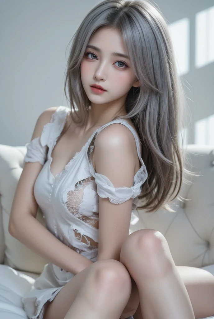 Dark Purple Lace T-Back Bra, Large Breasts, (((とてもエレガントでbeautiful, Perfect detail, Very detailed))), whole body, The most detailed girl, Written boundary depth, 美しくdetailedなwhole body, Thin legs, 1 girl, 30 years old, Long Hair, Spiked Hair, Gray and silver hair, beautiful detailed hair, Perfect Face, Expressionless, beautiful, detailed, Deep Eyes, Open your mouth a little, Delicate arms and hands, Pale skin, Earrings, beautiful and gorgeous necklace, Colorful background, HD background, Blurred Background, とても繊細でbeautiful, masterpiece, (((Highest quality, とてもbeautiful8K CG壁紙))), (((Trendy hairstyles))), (Inside the room,Stylish interior,window),