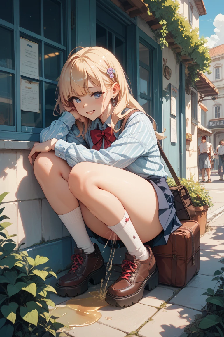 Character Focus、From above(school uniform:1.3), (Plain beige clothing around the waist:1.5), (West knot:1.3), (white collared-shirt:1.4), ((white collar, Unbutton, Short sleeve):1.2), (Red Plaid Pleated Skirt:1.3), ((necklace, Colorful Bracelets, ×Hair accessories):1.2),
Very detailed、(8k, RAW Photos, highest quality, masterpiece:1.2), (extremely detailed 8k wallpaper),shape、Professional Lighting,Sharp focus, Written boundary depth、
Browsing Caution、Clear Eyes、Perfect Anatomy、With a girl、 student、Black Gal(Dark Skin:1.2)、(Oily skin,Glowing Skin,Shiny skin,Sweat:1.2),smile、Plump thighs、Huge 、Fully exposed、Big Breastsen buttons:1.4)、L up yourrt、blue eyes、blonde、(Compensate:1.1)、(Below-the-knee loose socks:1.2)、Brown Loafers、sitting、((open legs:1.5)),On the street、Pastel colored pantiesが見えている、((Pastel colorees))、((Shiny panties))、((Normalon:1.4))、(((Squatte))),((I was made to sit with open...))