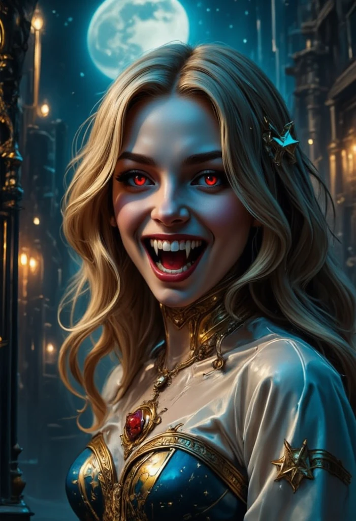 a full body picture of an epic beautiful female vampire, ghostly beauty, wearing transluminescent dress, black silk dress, intricate dress, transluminescent dress, transparent dress, red sleeves, epic beautiful female vampire, pale skin perfect body, ghostly beauty, serene beauty, blond hair, lush hair, long hair, red glowing eyes, vampire fangs, stars entwined in the woman's hair, light caress the woman, moon light caress the dress, fantasy art, night time, the moon rises, creating award winning, photorealism, depth of field, hyper realistic, zavy-ctcmcs, Celestial Fantasy, dnddarkestfantasy, Art Deco, Dracula, DGC style
