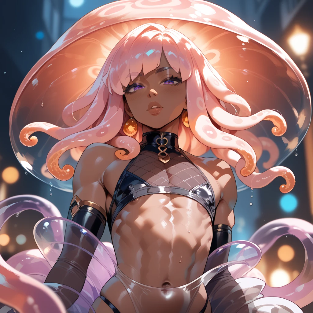 Perfect face. Perfect hands. A pink haired woman with violet eyes with an hourglass figure in a sexy silky bikini is posing in the waves