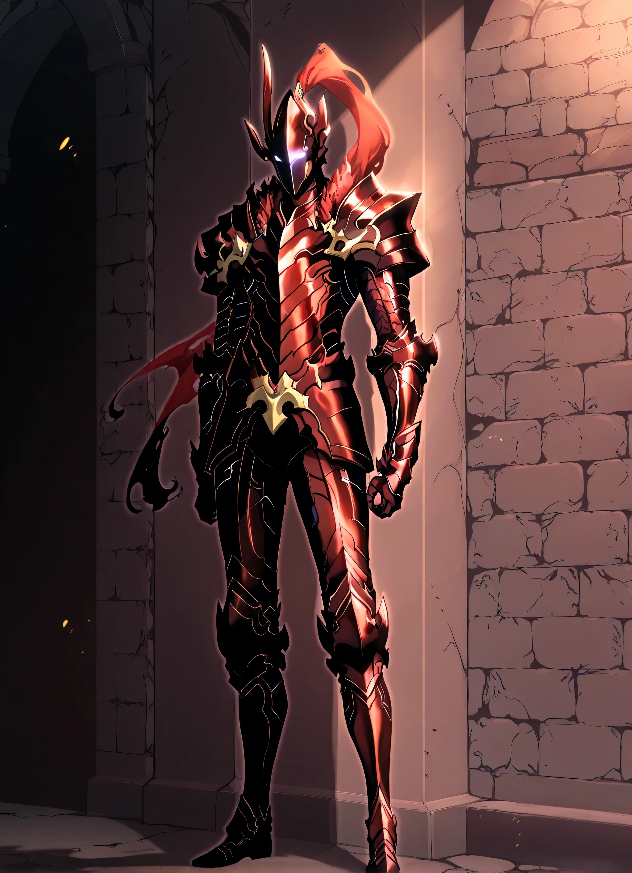 solo ,1 boy, igris, glowing, shadow igris, helmet, armor, dungeon, solo leveling shadow
