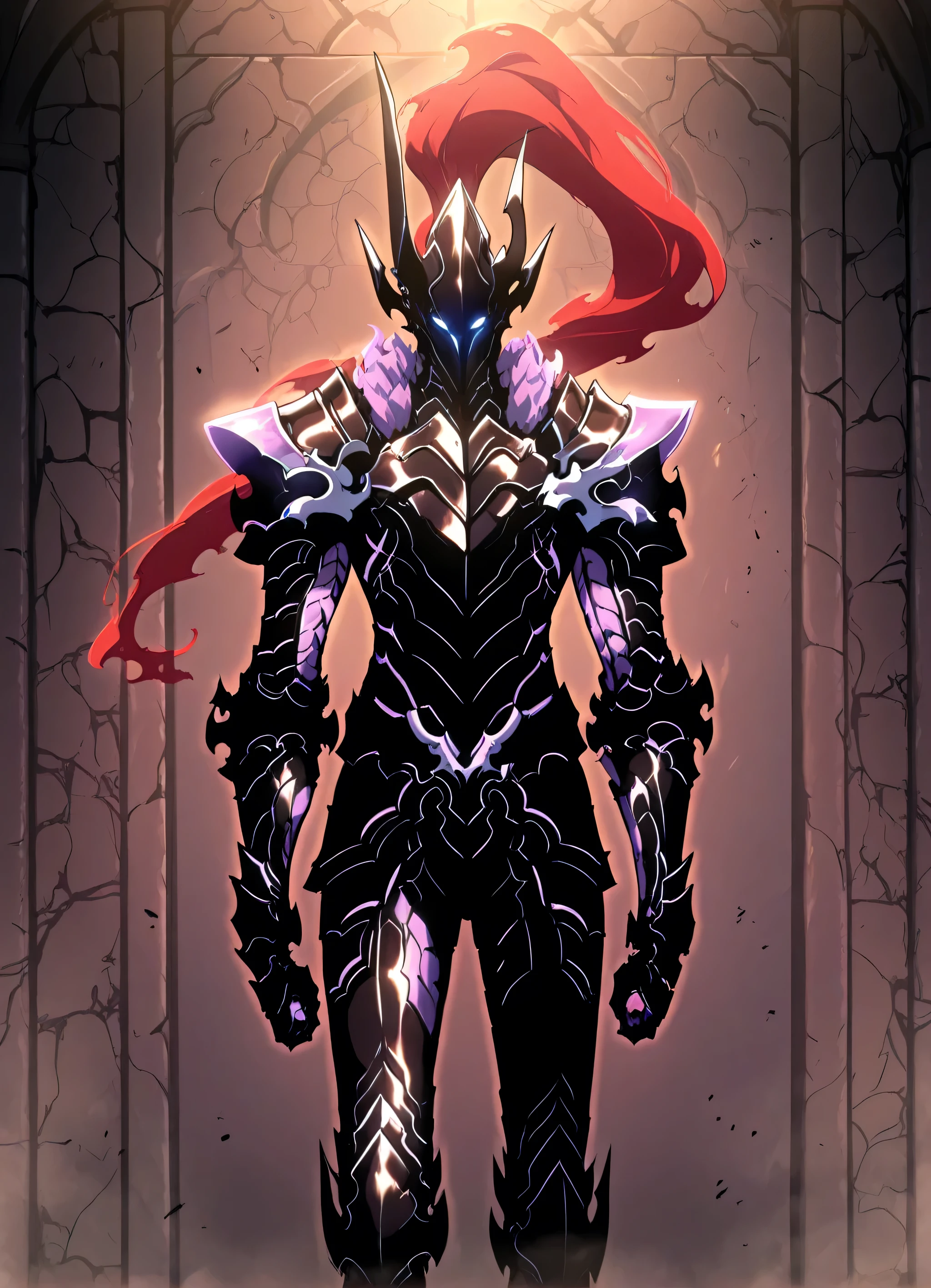 solo ,1 boy, igris, glowing, shadow igris, helmet, armor, dungeon, solo leveling shadow