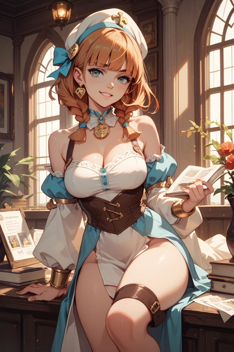 (masterpiece:1.2, best quality), lisadef, (1girl, solo), mature female, mom, milf, 40 year old woman, ((bimbo))), (asymmetric hair), ((brown hair)), hair flower, ((green eyes)), ((red lips)), (thick lips), (puffy lips), ((smiling)), parted lips, waist, hourglass figure, tall, [long legs], wide hips, (thick thighs) smile, parted lips, large breasts, (cleavage), witch hat, dress, capelet, belt, thighhighs, (big earrings), indoors, bookshelf, desk, windows, pot of flowers, (posing), (hand in own hair), hip focus, oily breasts, head tilt,