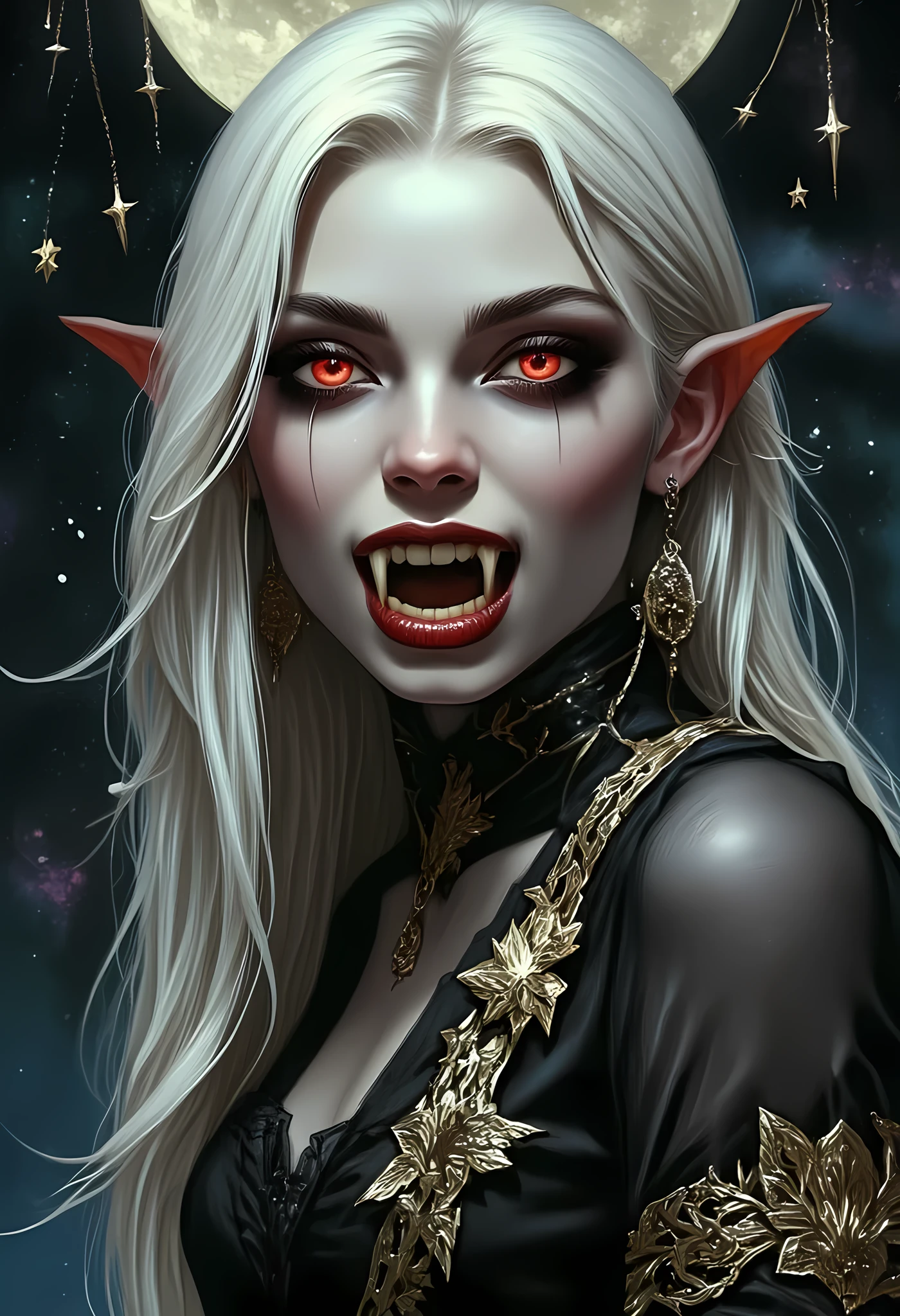 a full body picture of an epic beautiful female vampire, ghostly beauty, wearing transluminescent dress, black silk dress, intricate dress, transluminescent dress, transparent dress, small cleavage, red sleeves, epic beautiful female vampire, pale skin perfect body, ghostly beauty, serene beauty, blond hair, lush hair, long hair, red glowing eyes, vampire fangs, stars entwined in the woman's hair, light caress the woman, moon light caress the dress, fantasy art, night time, the moon rises, creating award winning, photorealism, depth of field, hyper realistic, zavy-ctcmcs, Celestial Fantasy, dnddarkestfantasy, Art Deco, Dracula