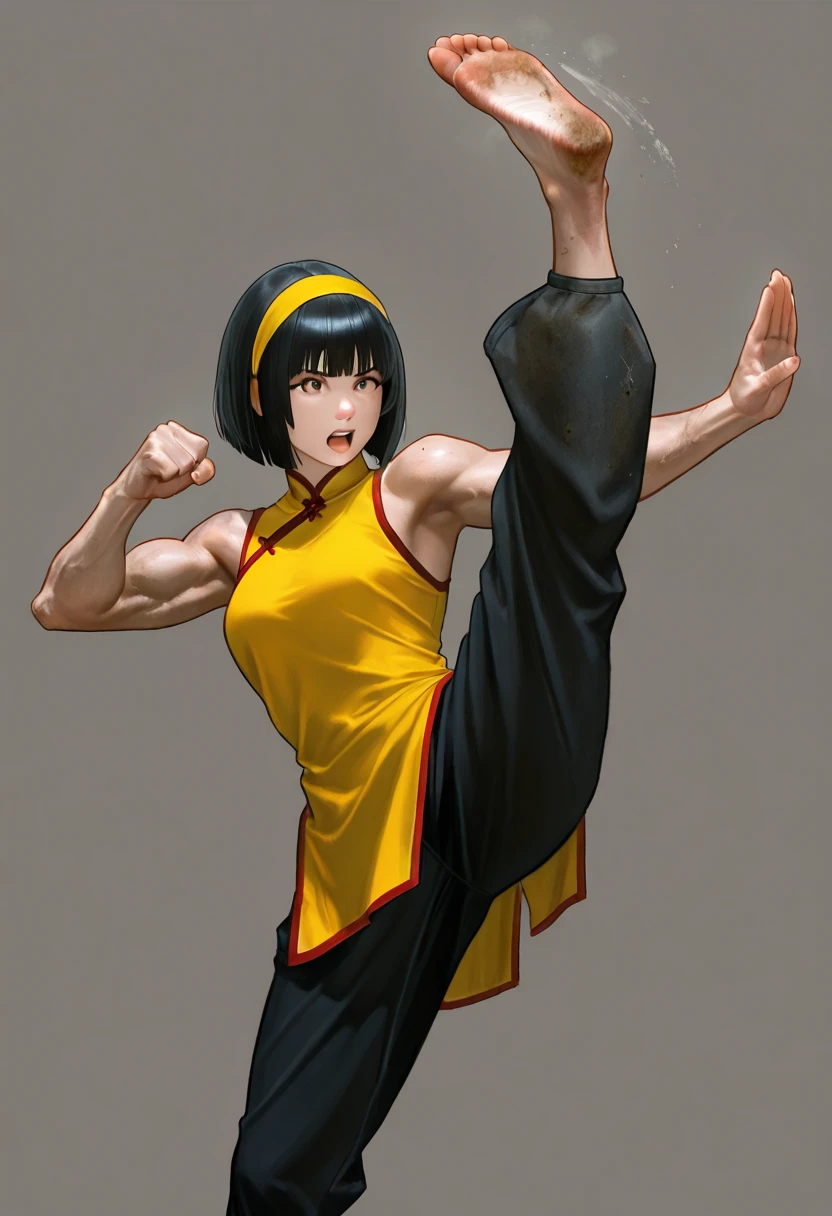female、 kung fu master、realistic、simple background、  bullish expression、adults、Upper Body Lift、 trained biceps 、(bob cut)、(headband)、(yellow chinese clothes)、gloves、( black hair)、jogger pants 、 Sports Boots 