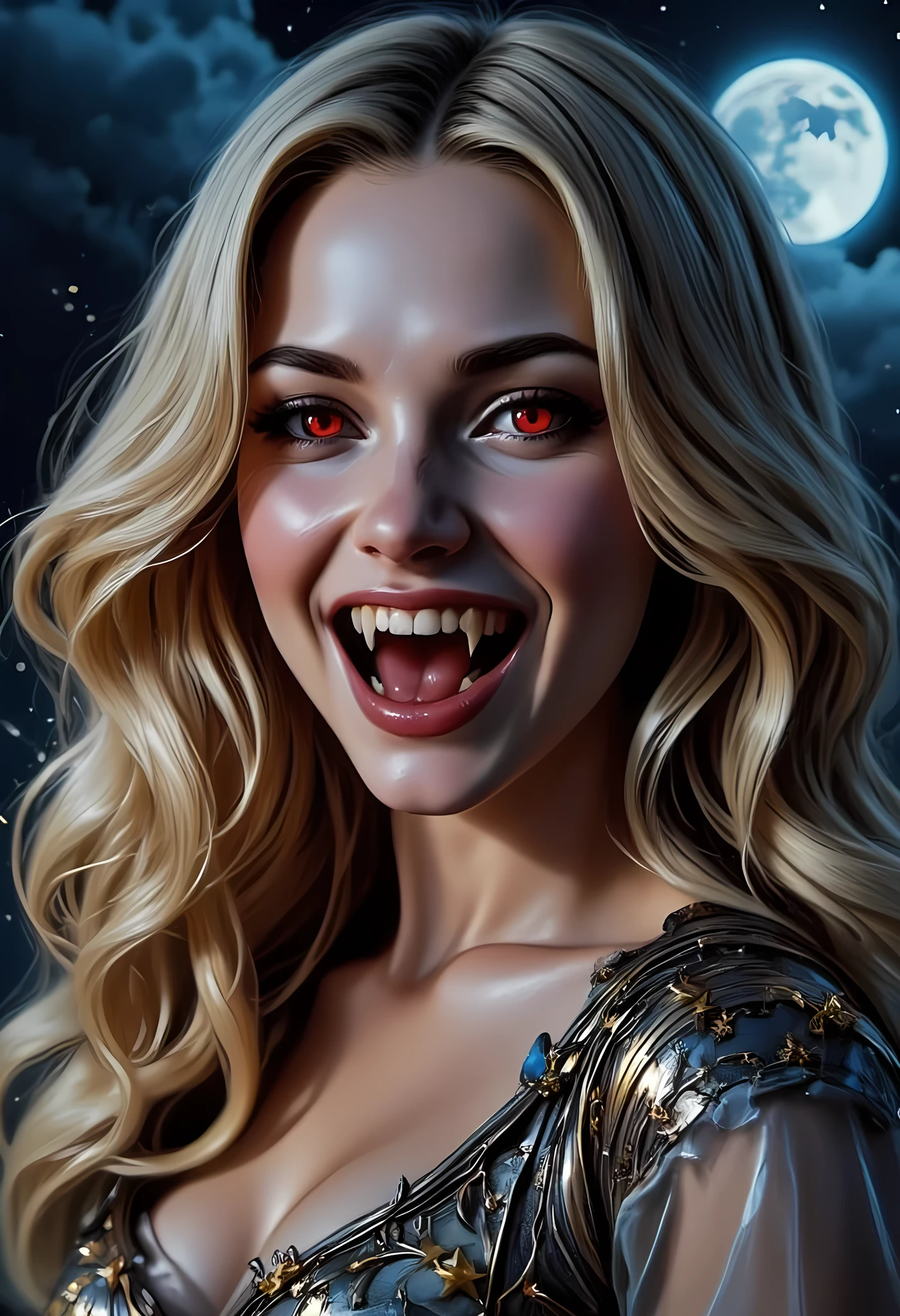 a full body picture of an epic beautiful female vampire, ghostly beauty, wearing transluminescent dress, black silk dress, intricate dress, transluminescent dress, transparent dress, red sleeves, epic beautiful female vampire, pale skin perfect body, ghostly beauty, serene beauty, blond hair, lush hair, long hair, red glowing eyes, vampire fangs, stars entwined in the woman's hair, light caress the woman, moon light caress the dress, fantasy art, night time, the moon rises, creating award winning, photorealism, depth of field, hyper realistic, zavy-ctcmcs, Celestial Fantasy, dnddarkestfantasy, Art Deco, Dracula, DGC style