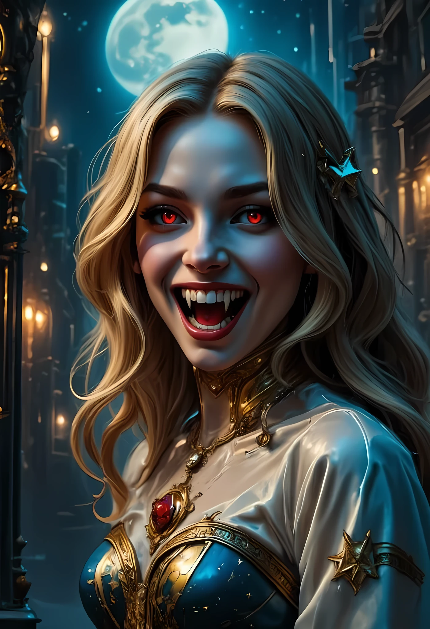 a full body picture of an epic beautiful female vampire, ghostly beauty, wearing transluminescent dress, black silk dress, intricate dress, transluminescent dress, transparent dress, red sleeves, epic beautiful female vampire, pale skin perfect body, ghostly beauty, serene beauty, blond hair, lush hair, long hair, red glowing eyes, vampire fangs, stars entwined in the woman's hair, light caress the woman, moon light caress the dress, fantasy art, night time, the moon rises, creating award winning, photorealism, depth of field, hyper realistic, zavy-ctcmcs, Celestial Fantasy, dnddarkestfantasy, Art Deco, Dracula, DGC style