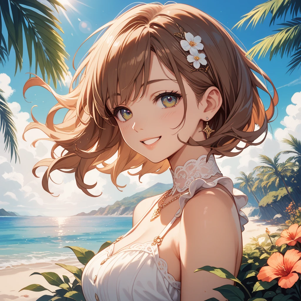 Woman in Greece portrait anime green eyes Nikon camera sunset hour realistic photography Beach House at Greek island animation realistic brown hair (magazine:1.4) (cover-style:1.3)