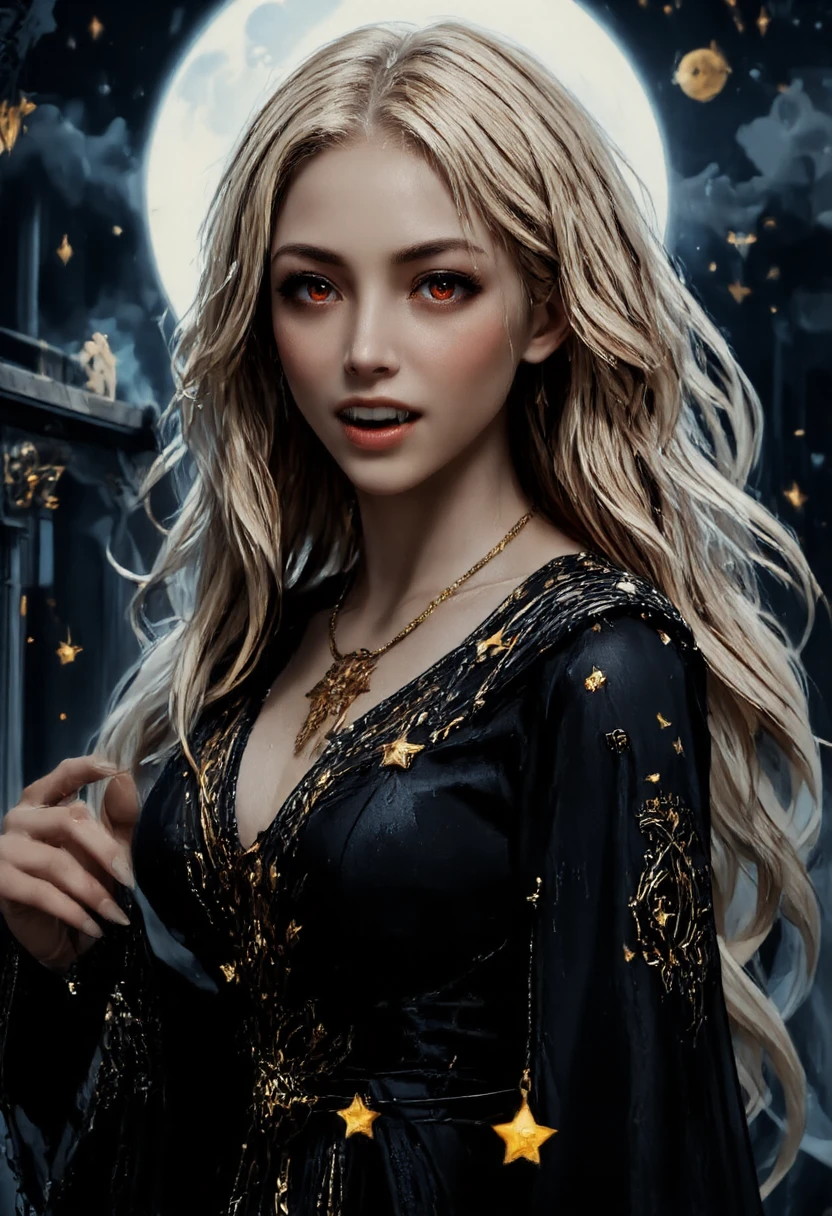 a full body picture of an epic beautiful female vampire, ghostly beauty, wearing transluminescent dress, black silk dress, intricate dress, transluminescent dress, transparent dress, red sleeves, epic beautiful female vampire, pale skin perfect body, ghostly beauty, serene beauty, blond hair, lush hair, long hair, red glowing eyes, vampire fangs, stars entwined in the woman's hair, light caress the woman, moon light caress the dress, fantasy art, night time, the moon rises, creating award winning, photorealism, depth of field, hyper realistic, zavy-ctcmcs, Celestial Fantasy, dnddarkestfantasy, Art Deco, Dracula, DGC style