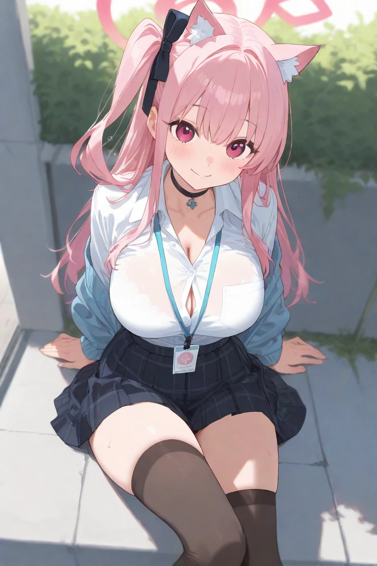 (masterpiece、highest quality、Super detailed)、((One girl))、((Pink Hair))、((Twin tails))、((Light blue eyes))、evil smile、((Grin))、Earrings、((Very large breasts))、((White shirt))、Cleavage、Long sleeve、((Black pleated skirt))、((white baggy socks:1.3))、Loafers、Sit at a desk、Shoot from above、Classroom Background