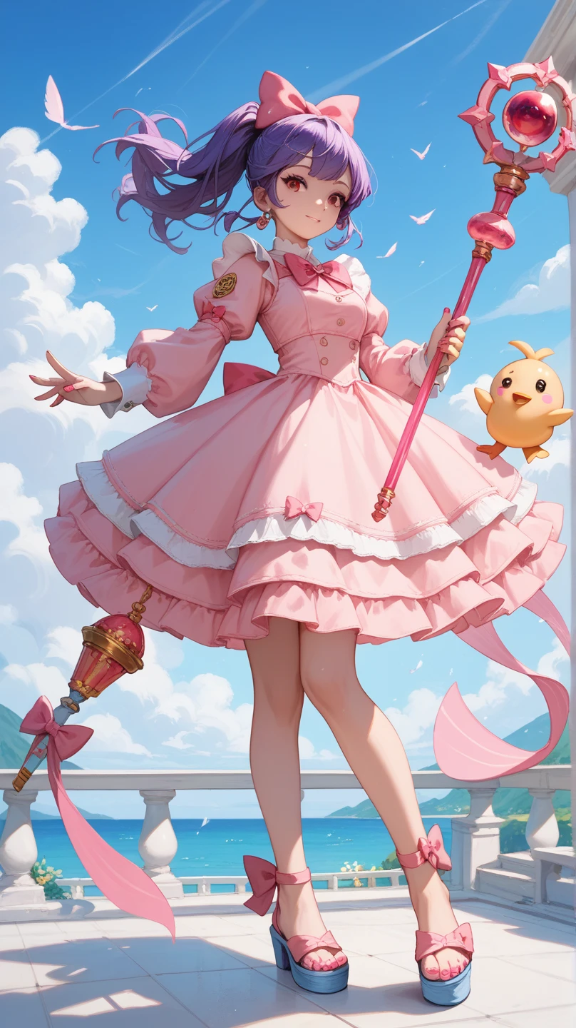 giantess art, highly detailed giantess shots, giantess, Two legs, Five fingers, short hair, A beautiful girl who is bigger than a skyscraper, Wearing rimless glasses, smile, Big Breasts, pink dress, bow, magical girl, holding a magical wand, black pantyhose, pink stiletto heels, thunderbolt from a magical wand, Destroying cities, A very small big city, Miniature metropolis, Full body description, GTS, giga giantess, stomping city, crash city, tiny city, micro city, pantyhose feet, High resolution, highest quality, masterpiece, 