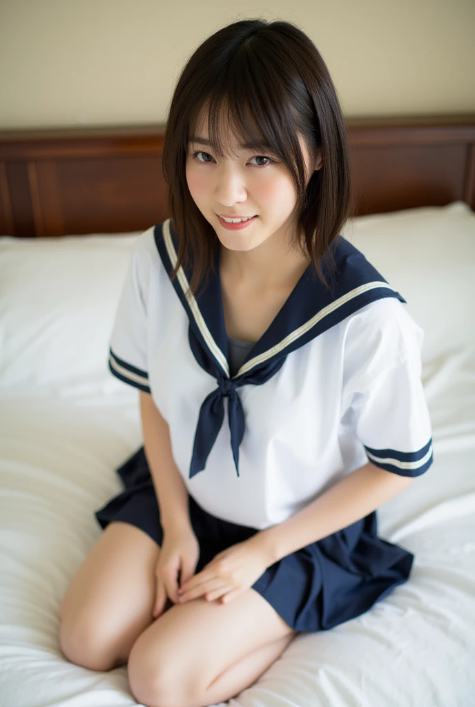 An innocent 17-year-old high school girl、Pretty girl、(Sailor suit、Fine pleated skirt、Checkered Skirt)、sit on futon、Get on one knee、Hugging a stuffed animal、Small breasts、Small breasts、(smile、Perfect white teeth)、bangs、(Short Bob:1.5)、Hair Ribbon、Brown Eyes、Classmate、Slim body、RAW Photos, (8k、highest quality、masterpiece、Realistic photo:1.2)、(Realistic:1.4)、Soft studio light、Bright lighting、Rim Light、Super detailed、Realistic skin texture、Beautiful eyes in every detail、(Detailed Background、The background is blurry:1.2), Shiny skin、whole body、