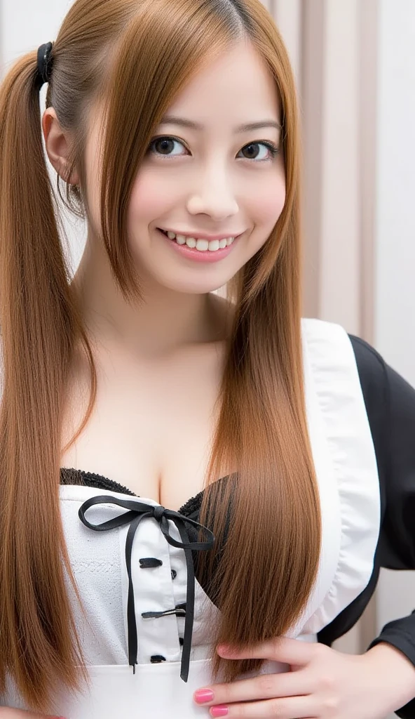 highest quality, one girl, (beautiful girl:1.3), ⦅smile1.6⦆20-year-old,⦅twin tails⦆ very detailed definition, (symmetrical eyes:1.3), ⦅maid costume,⦆ beautiful breasts, brown eyes, parted bangs, brown hair、sit on the bed