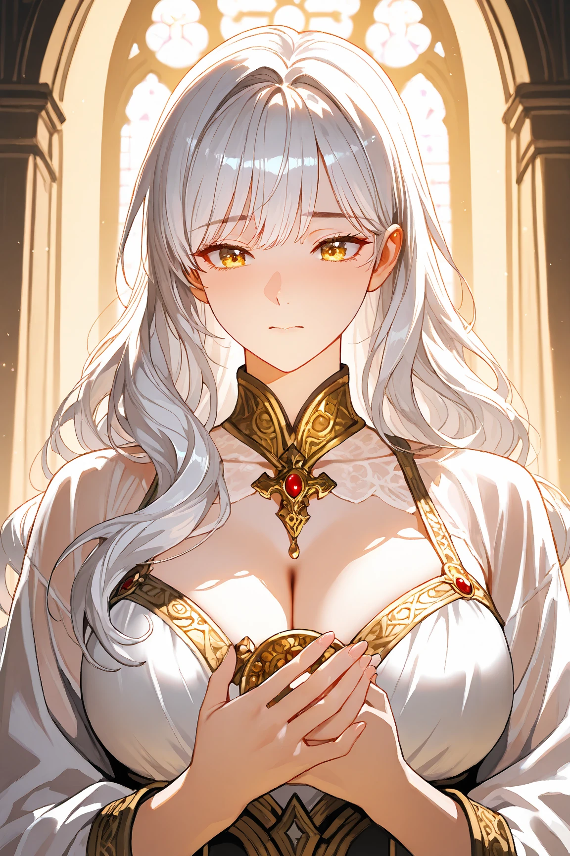 White-haired woman, red eyes, royalty, princess, nobility, beautiful woman, adult woman, sexy woman, white dress