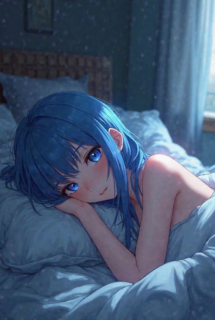 1girl, bluenette hair, light blue hair, next door girl, naked, laying under blanket, laying in bed, soft smile