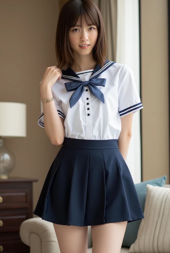 ((highest quality、8k、masterpiece:1.3)),((((cowboy shot)))),Ultra-high resolution,big eyes,Japanese,bangs,(a girl),(1 girl),((20 years old)),((facing at viewer)),(long hair),(((black sailor uniform))),grin,((sitting on chair)),(pleated mini skirt),(((pussy))),((pubic hair)),((skirt lift)),((short crew socks))