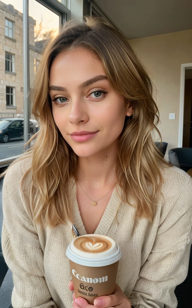 ((instagram foto))) Blonde influencer with natural wavy long hair,Influencer sits relaxed in a cafe and holds a cup of coffee, while a dog lies peacefully under the table. The scene radiates coziness and harmony, 8k, extremely detailed, Fotorealistisch, komplizierte Details, realistische Hauttextur, realistische Haare, Textur, Cheerful, 8k uhd, Best quality, high resolution, Detailgenauigkeit, big ,