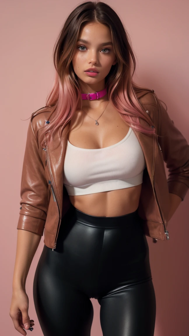 A photo of a busty blonde hair with pink highlights girl, long hair, wearing black leather jacket, leggins, hot crop top, sexy, she carries a chain in his hand, beautiful face