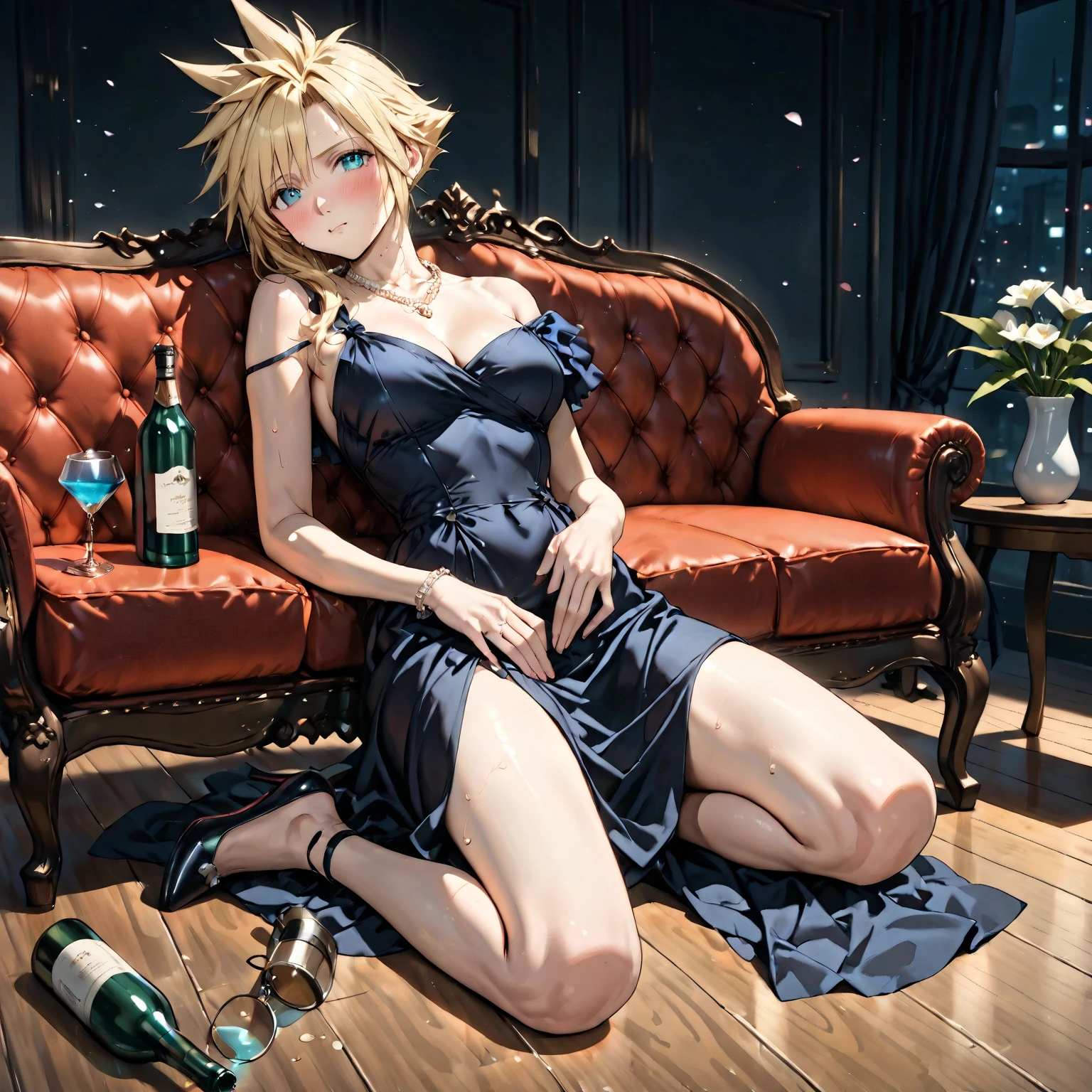 Athletic blonde woman, (short hair), tomboy, cute, ((smile)), Red lipstick,necklace, teal dress, belt, high heels.Masterpiece, (highly detailed:1.2),(detailed face and eyes:1.2), depth of field, 8k wallpaper, natural lighting, core shadows, high contrast, bokeh.(rule of thirds)