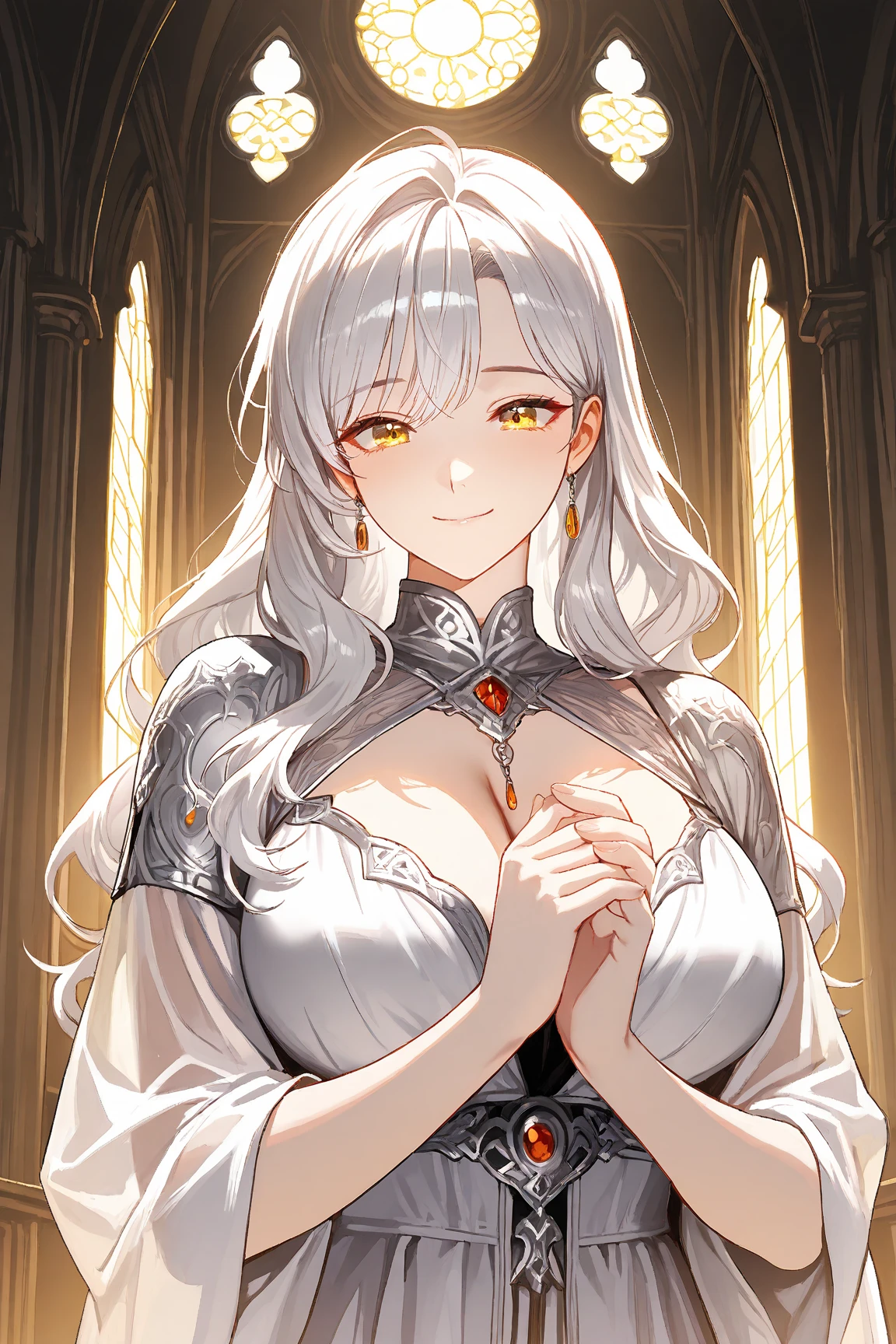 (best quality:1.1), (Masterpiece:1.2), lady, Shiny white hair, red eyes, long hair, ใบหน้าbeautiful, luxary dress, Big breasts, beautiful, collarbone, open chest, Bright face, Royal high, hall background, ริมฝีปากอมชมพู, เครื่องประดับหรูหรา ((Highest quality, Best Performance, Maximum details, Light and shadow details:1.2, 4k details))