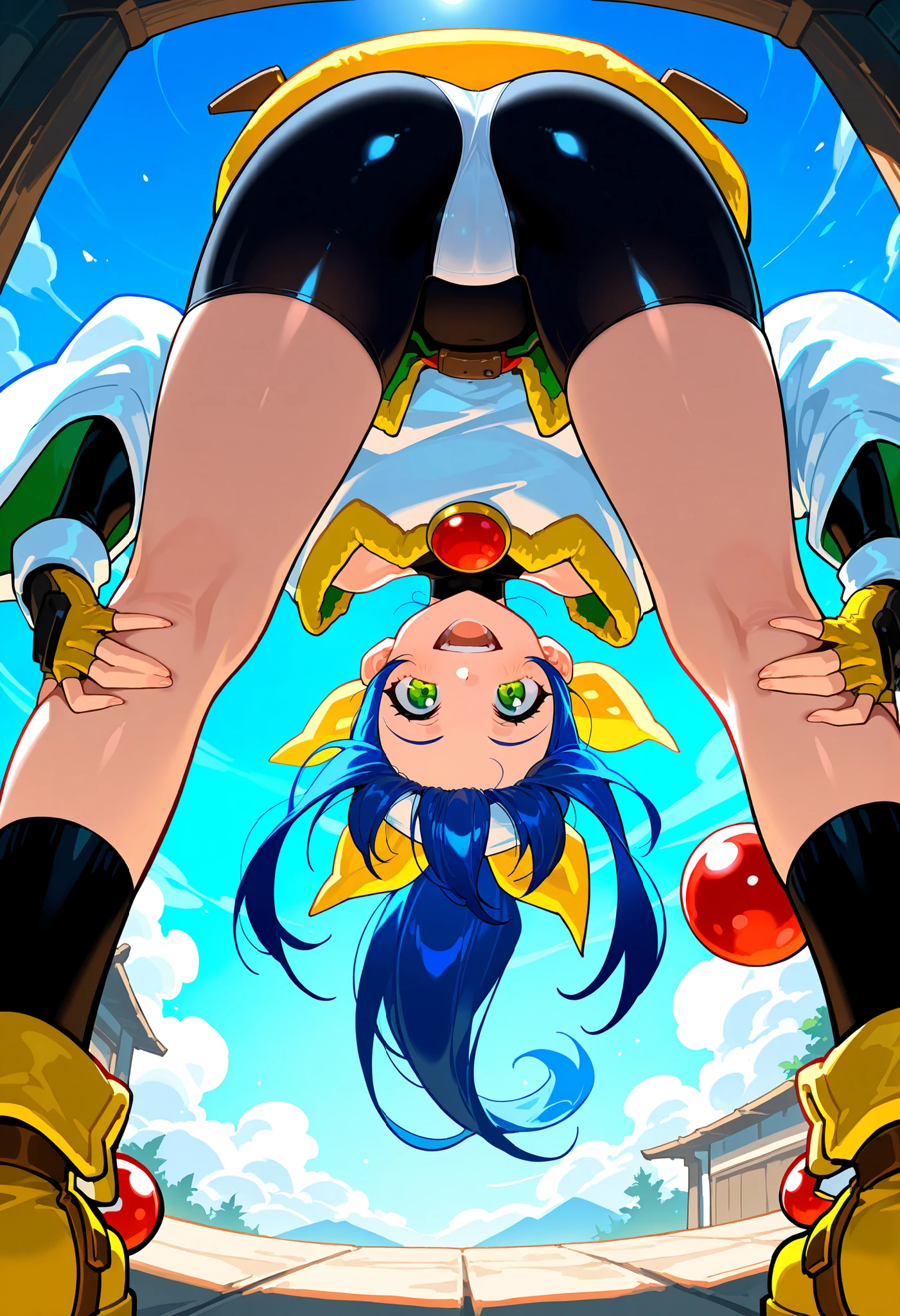 masterpiece, 最high quality, high quality, anime, AELime, green eyes, blue hair, Long Side Lock, long hair on long hair, yellow bandana, hair bobble, bare shoulder, off shoulder shirt, white shirt, long sleeve, wide sleeve, black bodysuit, turtleneck bodysuit, bodysuit under underwear, fingerless gloves, yellow gloves, belt, Bike Shorts, spandex, panties over Bike Shorts, black socks,
smile, open your mouth, align your legs, and place your fingers on your cheeks, front tilt, Hunchback, blue sky,