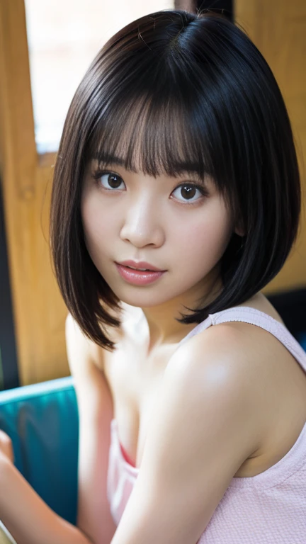 Japanese women 20th Generation Clear Black short hair Face down on bed camisole front