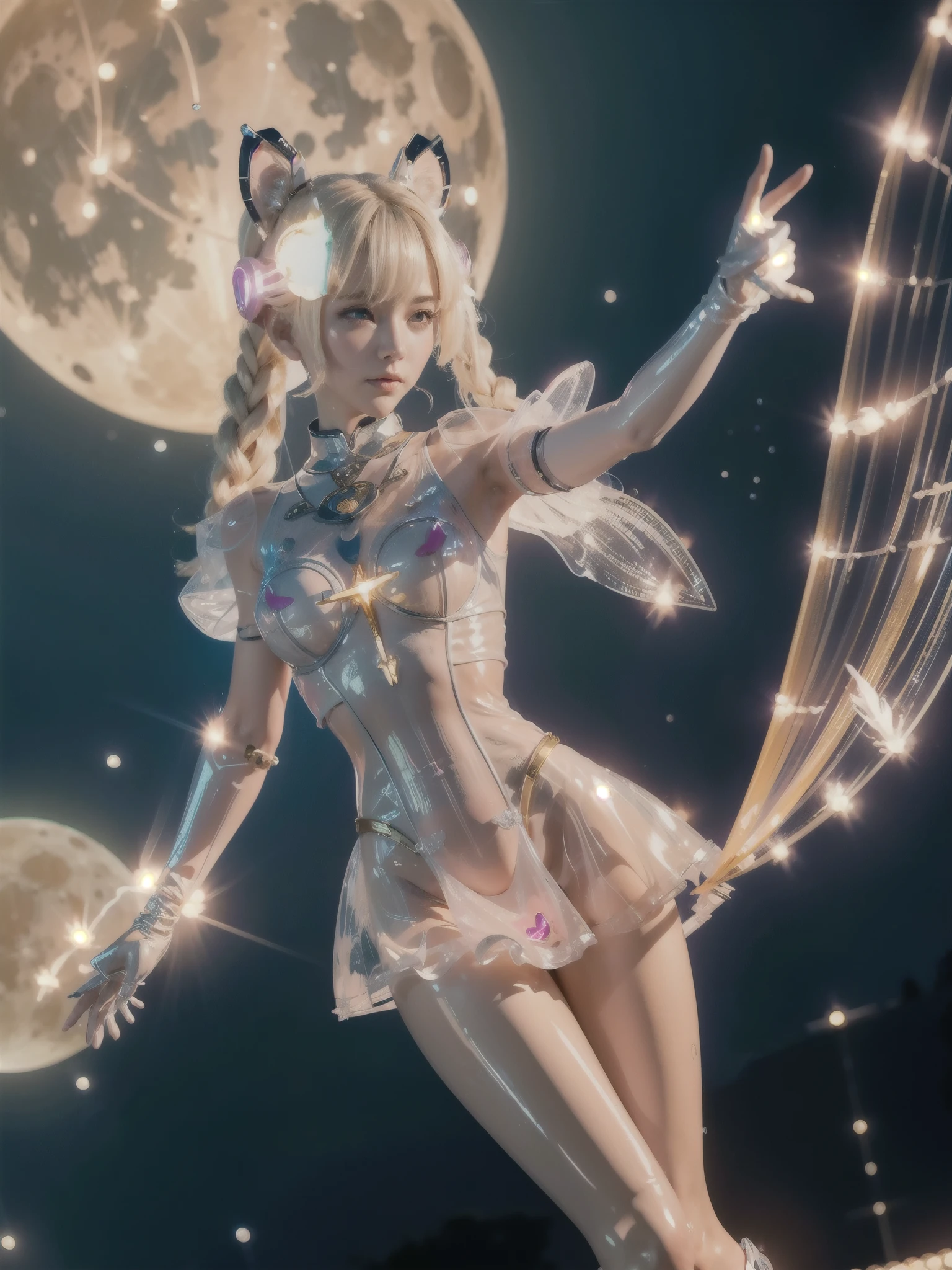 (1 lady), The beautiful, (Best quality at best:1.4), (ultra - detailed), (extremely detailed CG unified 16k), gold blonde hair, very detailed, High-definition RAW color photo, professional photoshooting, amazing face and eyes, cosmetics, (amazingly beautiful girl), ((sakagami tomoyo, taller, tall woman, NOT Dasha Taran)), ((dress, shoes bow, striped stockings, red bow, pink hat, necklace, gloves, pearl, plated snowflake brooch at hip:1.2, dark blue dress)), levitating in a cute posture (floating in the air), (She's levitating in a cosmic sea, outer space:1.3, quantum hyperspace room lacking walls, hyperspace chamber, extremely detailed background, a lot of details background, realistic background), realistic cinematic face, head to feet long wide zoomed out view, full body long view, photorealistic, ((realistic natural white gray hair style, realistic blue eyes)), gorgeous, extremely beautiful face, perfect model beauty, pout mouth, Highly Detailed Face and Skin Texture, Detailed Eyes, Double Eyelids, Big Breasts, Persistent Stare, Faith Trance, (mystical stare, looking eternity), (masterpiece), best quality, high resolution, depth of field, cinematic lighting, amazing legs, black combat boots, clear and well-cared skin