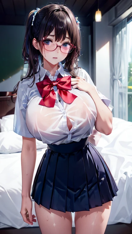 (Wet and clean skin、Wet and beautiful hair、4k、high resolution、crying、embarrassing、high school girl、Pink JK uniform swimsuit、round chest、big big tits、round butt、sex appeal、entrance、sex)、