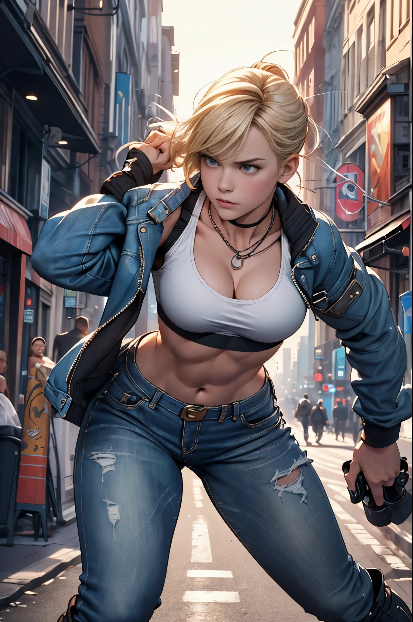 detailed, perfect anatomy, female engineer girl, mechanic girl, dirty tank top, green tank top,uniform, wrench, goggles,girl working on a robot solo focus, blue eyes, strawberry blonde hair, ponytail, denim jeans, repairing machines, look of concern, cyberpunk, futuristic, military vibes, diesel punk, indoors, welding, holding wrench, looking at viewer, muscle, toned woman, tomboy, in a futuristic military complex, police department, small jet fighter, white walls, ((BEST QUALITY)), high quality, big eyes, laying down, clean military base, winry rockbell