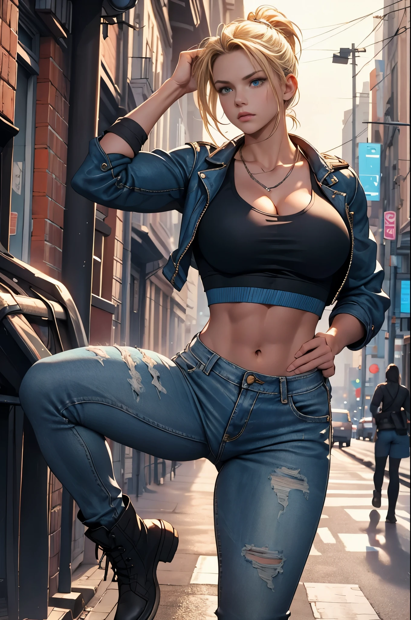 nsfw,(ultra-detailed, photorealistic, best quality, 4k, 8k, highres, masterpiece:1.3), a strikingly beautiful young woman, tall with a voluptuous figure, long toned legs, flat abs, and an hourglass body shape, long glamorous platinum blonde hair, expressive blue eyes, Her perfectly round and full breasts are a standout feature, complemented by her heavy makeup, featuring bold eyeshadow, dramatic eyelashes, and glossy red lips, Bella is wearing a fitted designer crop top from Gucci, showcasing her flat abs, and a pair of high-waisted skinny jeans from Balmain, accentuating her long legs and hourglass figure, She accessorizes with a small Chanel handbag, made from the finest leather and embellished with the brand's iconic logo, a pair of Dior sneakers, combining luxury with comfort, and a pair of diamond stud earrings and a matching bracelet from Cartier, showcasing her family's wealth, She finishes off the look with a Rolex watch, a symbol of her elite status, Her posture exudes confidence and charm, with a playful, almost oblivious expression, The background features a bustling street in the heart of London, emphasizing her cosmopolitan lifestyle and the vibrant city life, (intricate detail, super finely detailed hands, ultra finely detailed fingers, full body showcase, show full body:1.3),