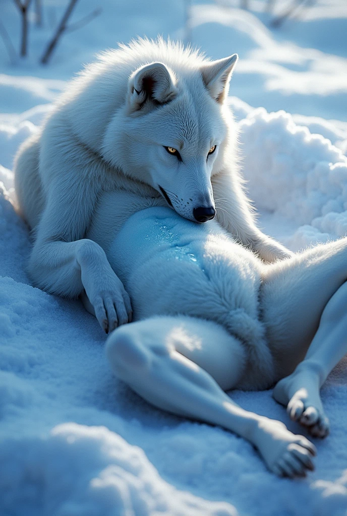 NSFW (nude) (Anna ((human)) medium breasts, strip of pubic hair) vaginal penetration fucking (((nude male furry grey wolf with knotted penis))), full body, in a deserted snowy landscape
