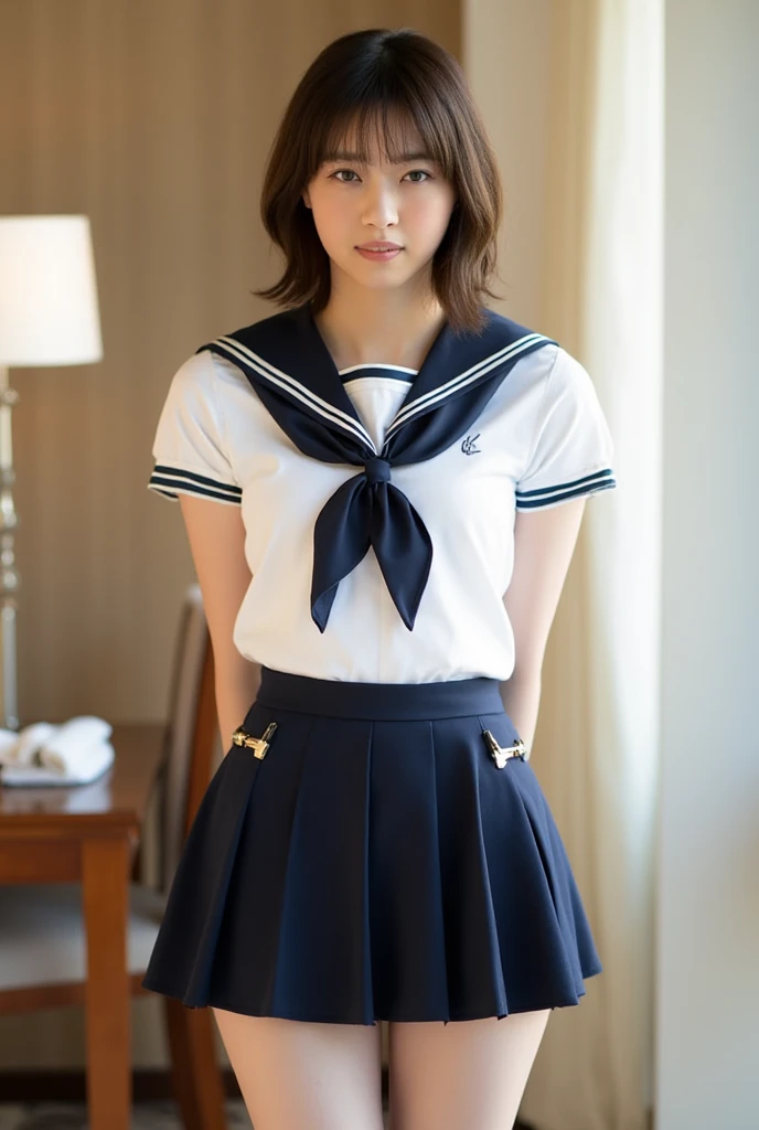 ((highest quality、8k、masterpiece:1.3)),((((fullbody shot)))),Ultra-high resolution,big eyes,Japanese,bangs,(a girl),(1 girl),(()),((cute)),pretty,((facing at viewer)),(long hair),(((black sailor uniform))),grin,(sitting on sofa),(pleated mini skirt)