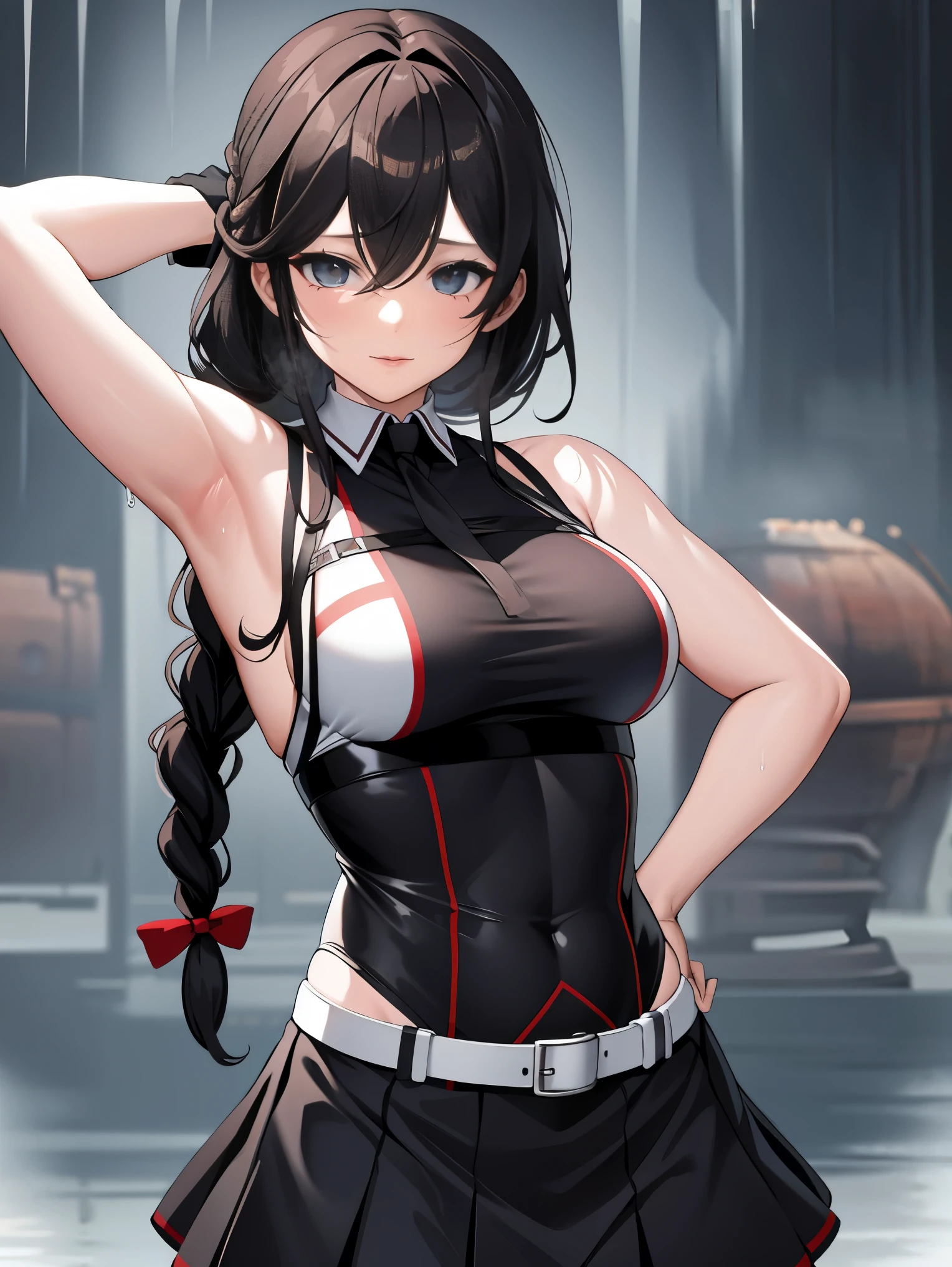 armpits,wet skin,Siglekai 3 Ships This Sleeveless Black Thimble Glove, Black Skirt, Braid, 8K High Resolution, Highly Detailed Eyes, Highly Detailed Face、very elaborate body、Highly Detailed Skin