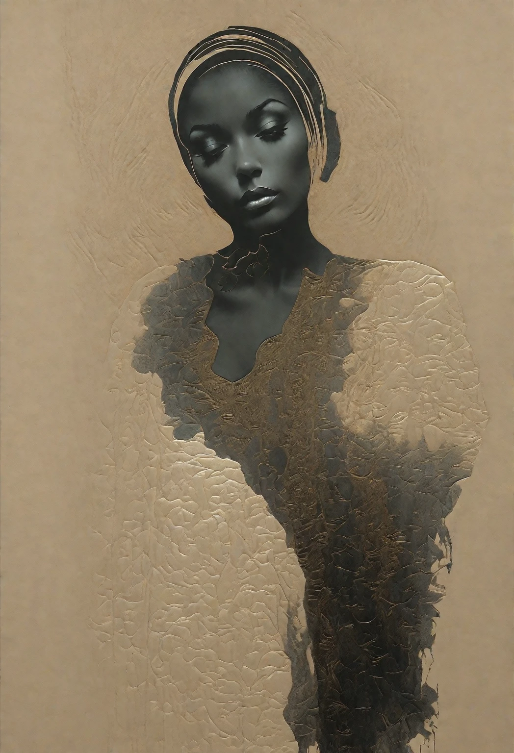 A black girl, totally naked, fully body. Worn canvas infinity background. Style of Sebastian Salgado.
