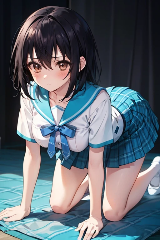 (masutepiece, Highly detailed 8K CG, Sharp lines, of the highest quality, Realistic), 1 girl, Solo, High School Uniform, Light white shirt, Navy blue miniskirt: 1.5, slim, (Shiny skin, Sweating: 1.4), Colorful, Ridiculous, Watch Viewer, Long double ponytail, Black hair, Brown eyes, dynamic light and shadow, High resolution, Sharp Focus, depth of fields, Detailed eyes, Sharp pupils, Realistic pupils, tiny chest:, (Thigh thin: 1.1), plein air, skyporn, White socks, White ribbon hair ornament, to stand, Skirt lift, White panties,