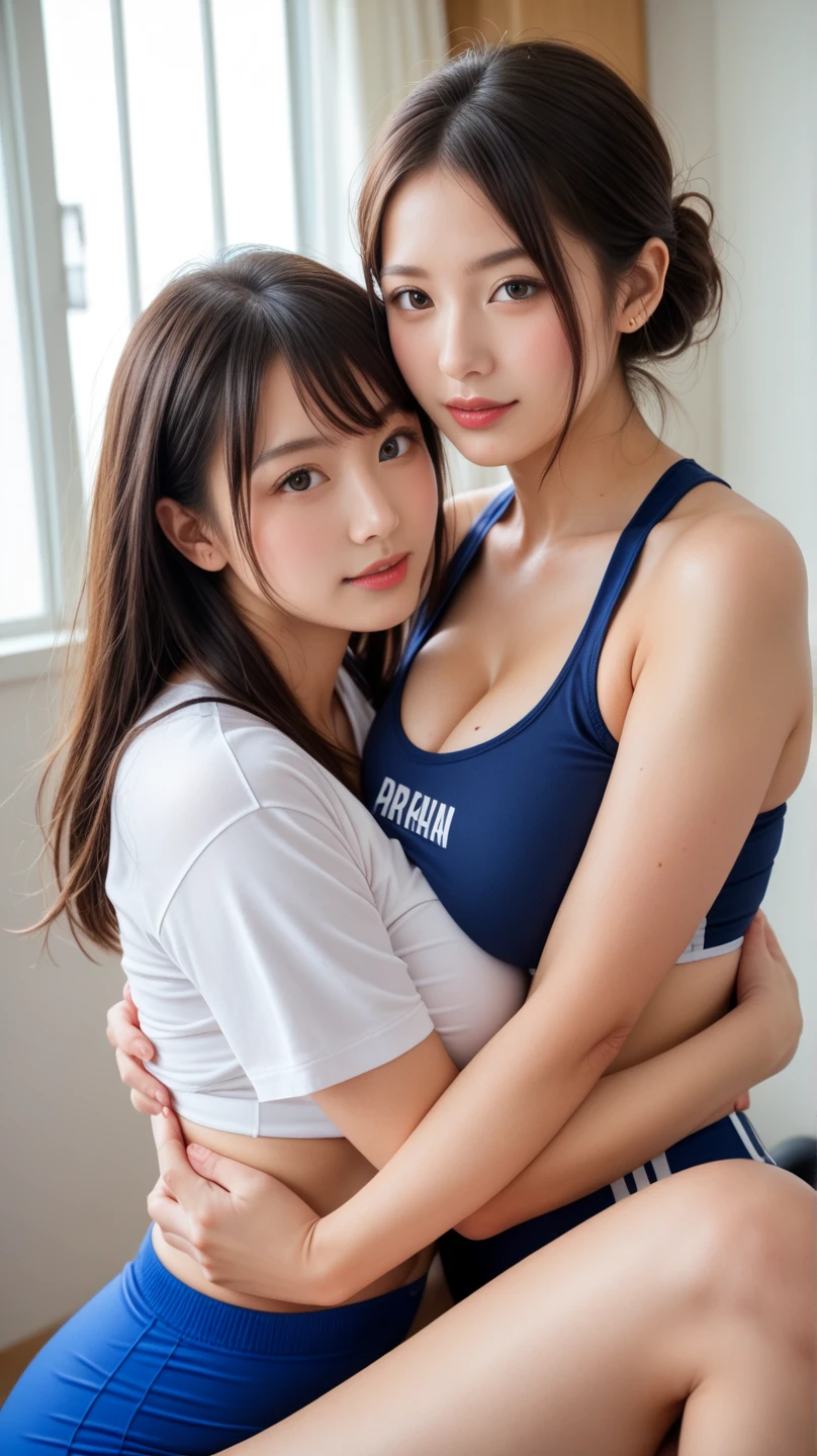 Two girls doing athletics、eye contact,lily、kiss, saliva trail、 Vulgarity、Drenched in sweat、Small breasts、good、Japanese School Swimsuit、Soaking wet、Small Ass, Deal Ratio Body Proportion, indoor,Front light
