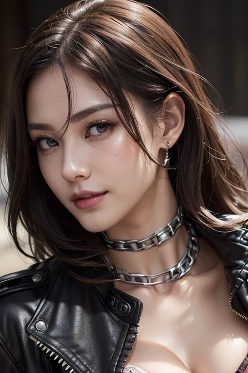 (Masterpiece, BestQuality:1.3), (ultra detailed:1.2), (hyperrealistic:1.3), (RAW photo:1.2),High detail RAW color photo, professional photograph, (Photorealistic:1.4), (realistic:1.4), ,professional lighting, (japanese), beautiful face, (realistic face), cute woman, (Brown Hair, Big Tits:1.5), (cheerful Smile:1.35), Trending Hair&Trending Hairカラーをランダムに, sexly, erotic sexly, Random sexy gravure poses, (Black Leather Jacket、White tank top、A beautiful woman standing coolly in a motorcycle garage。Shiny silver chain necklace。:1.3)