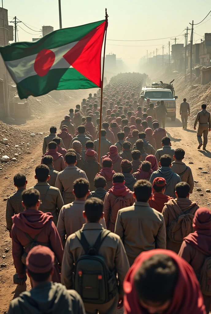 A 27 years old beard boy with panjabi look on the other side , a 18 years old burka niqab hijab girl and a 3 year baby boy on busy road in rotate with Bangladesh flag in hand,  mouth in dark, infront of a place named "Konabari Gazipur"